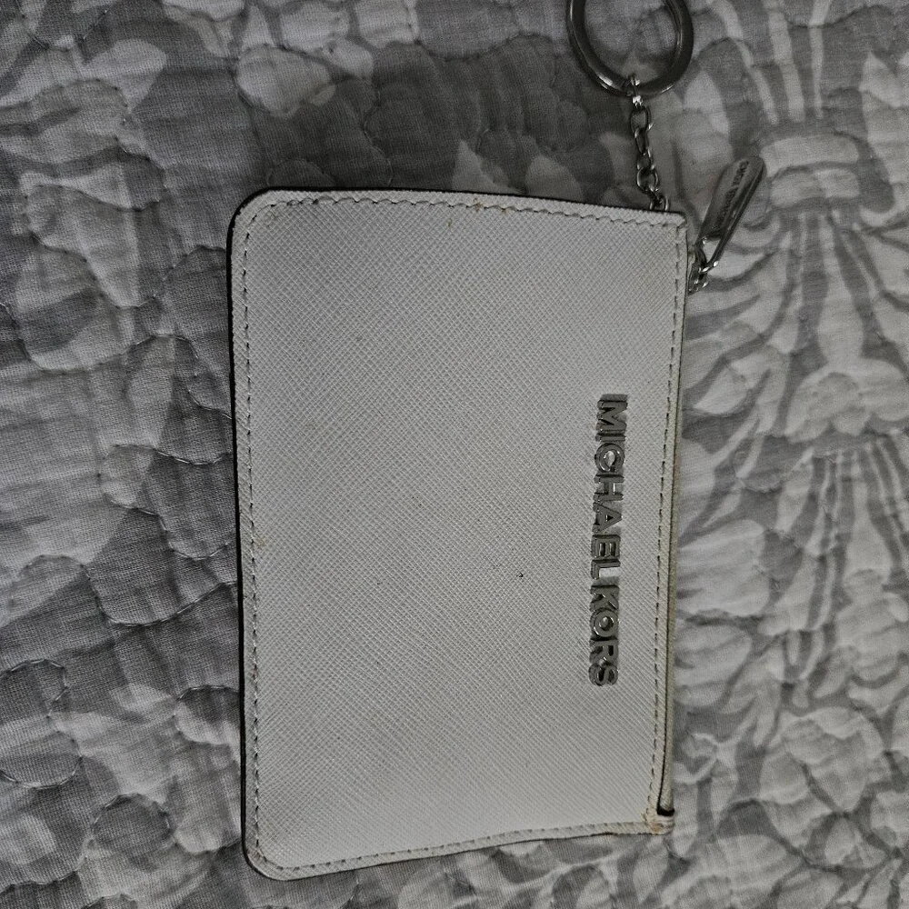 Michael Kors White Saffiano Leather Zip Card Case Keyring